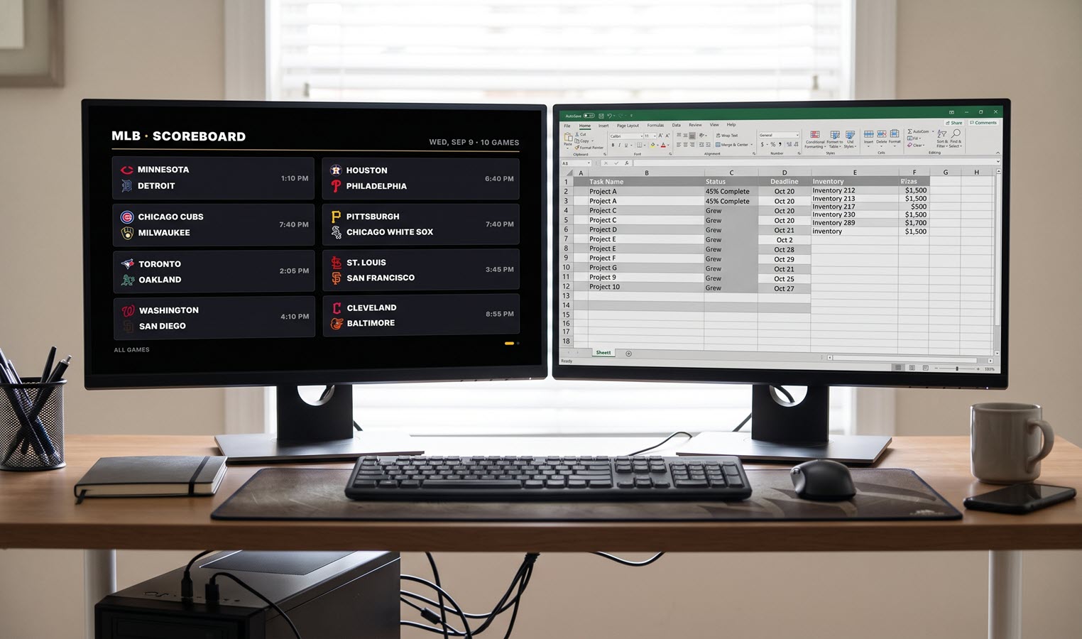 TickrDash scores and stock ticker in a browser tab on a home-office monitor