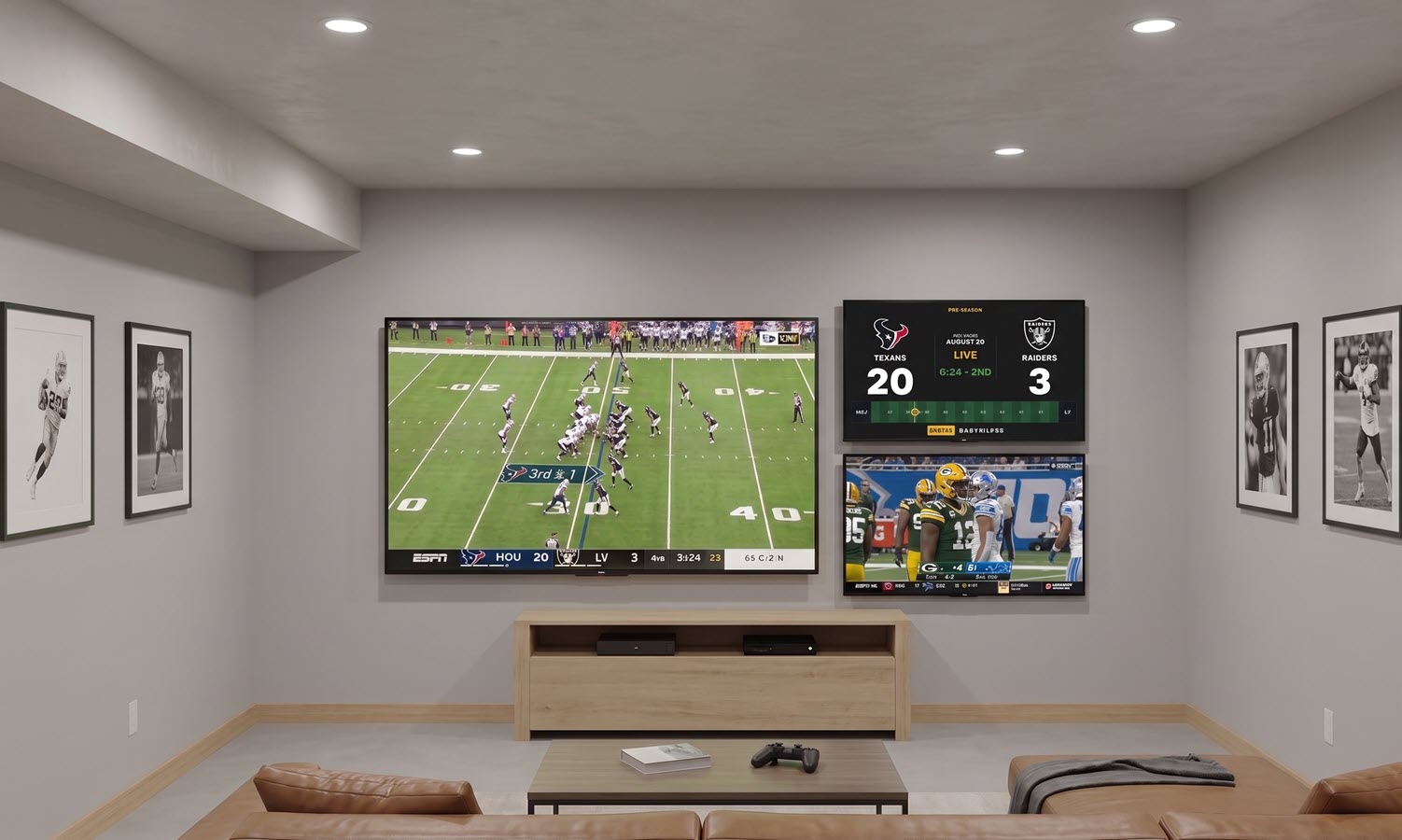 TickrDash live sports scoreboard on wall-mounted TVs in a finished basement