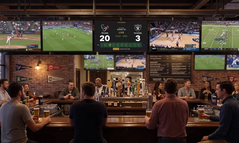 TickrDash multi-game scoreboards on TVs above a sports bar